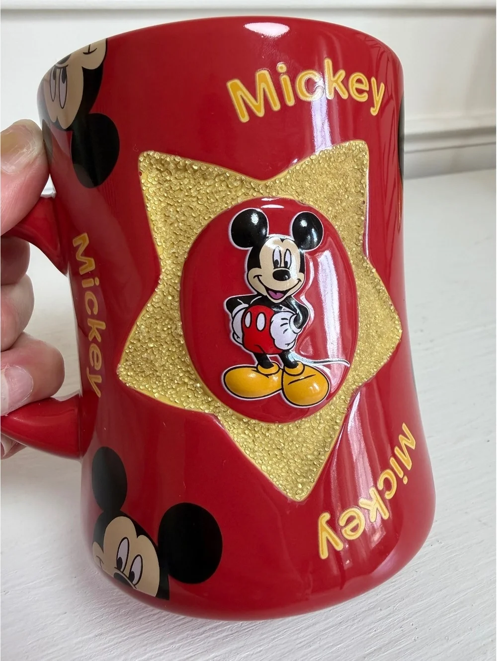 Disney Mickey Mouse Red Yellow Gold Star Coffee Mug. 4.5”